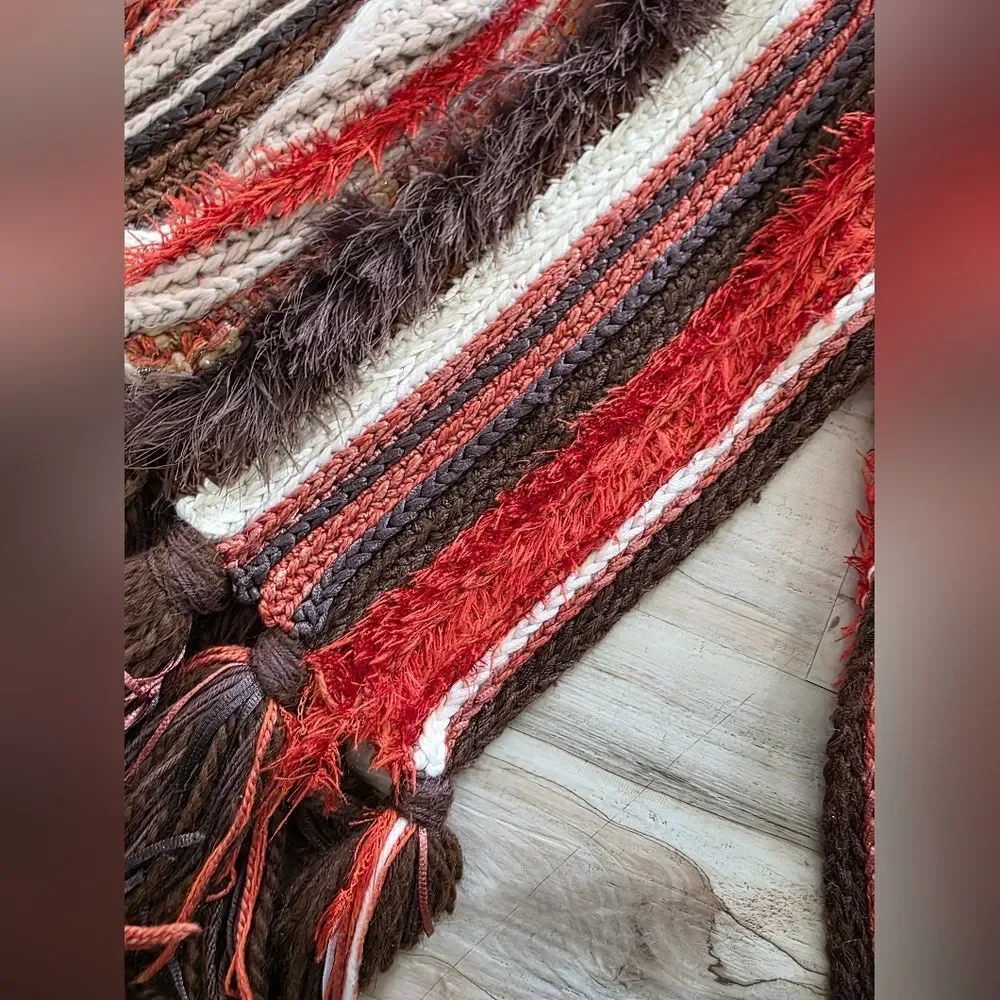 Handmade Thick Knit Fringe Throw Blanket Autumnal Colors Afghan 86x40